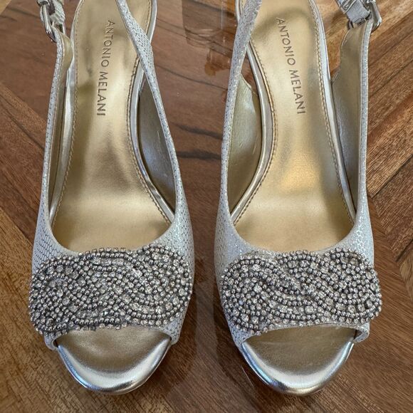 Antonio Melani Silver Peep Toe Kitten Heels Rhinestone Detail Silver Snakeskin - Picture 3 of 8